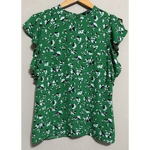 Lauren Ralph Lauren Women's Blouse L Floral Flutter Sleeve Sheer Green Romantic
